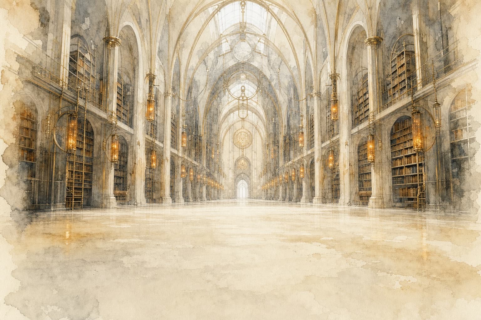 Watercolor of an empty grandiose library hall